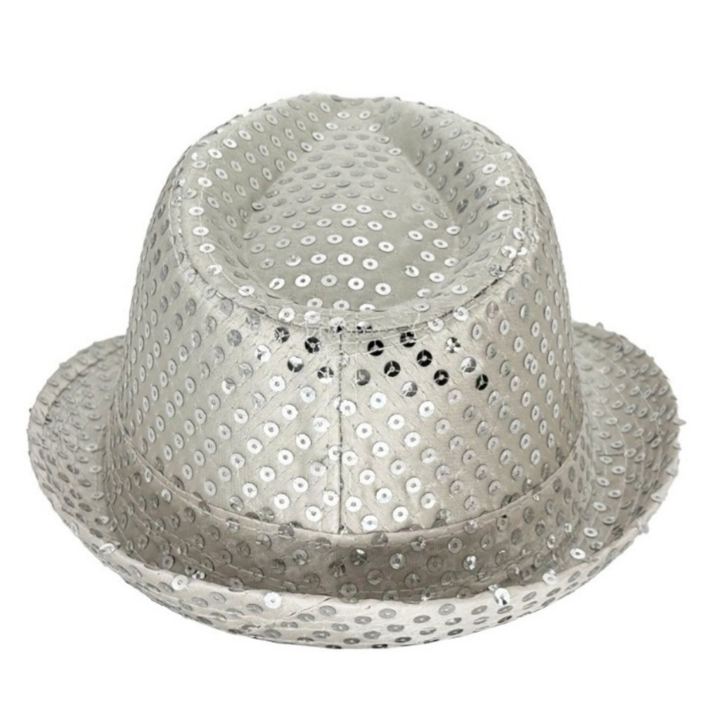 GROOVY GLAM Silver Sequins on White Fedora Unisex Party Hat - Picture 4 of 7